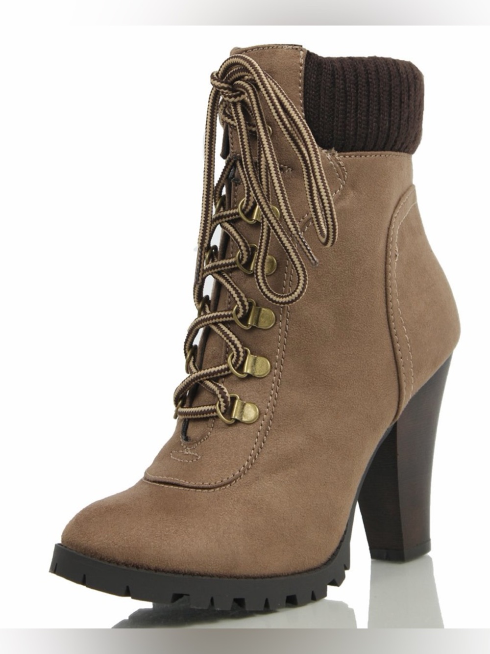 Women's Taupe Lace-Up Heeled Ankle Boots - Taupe